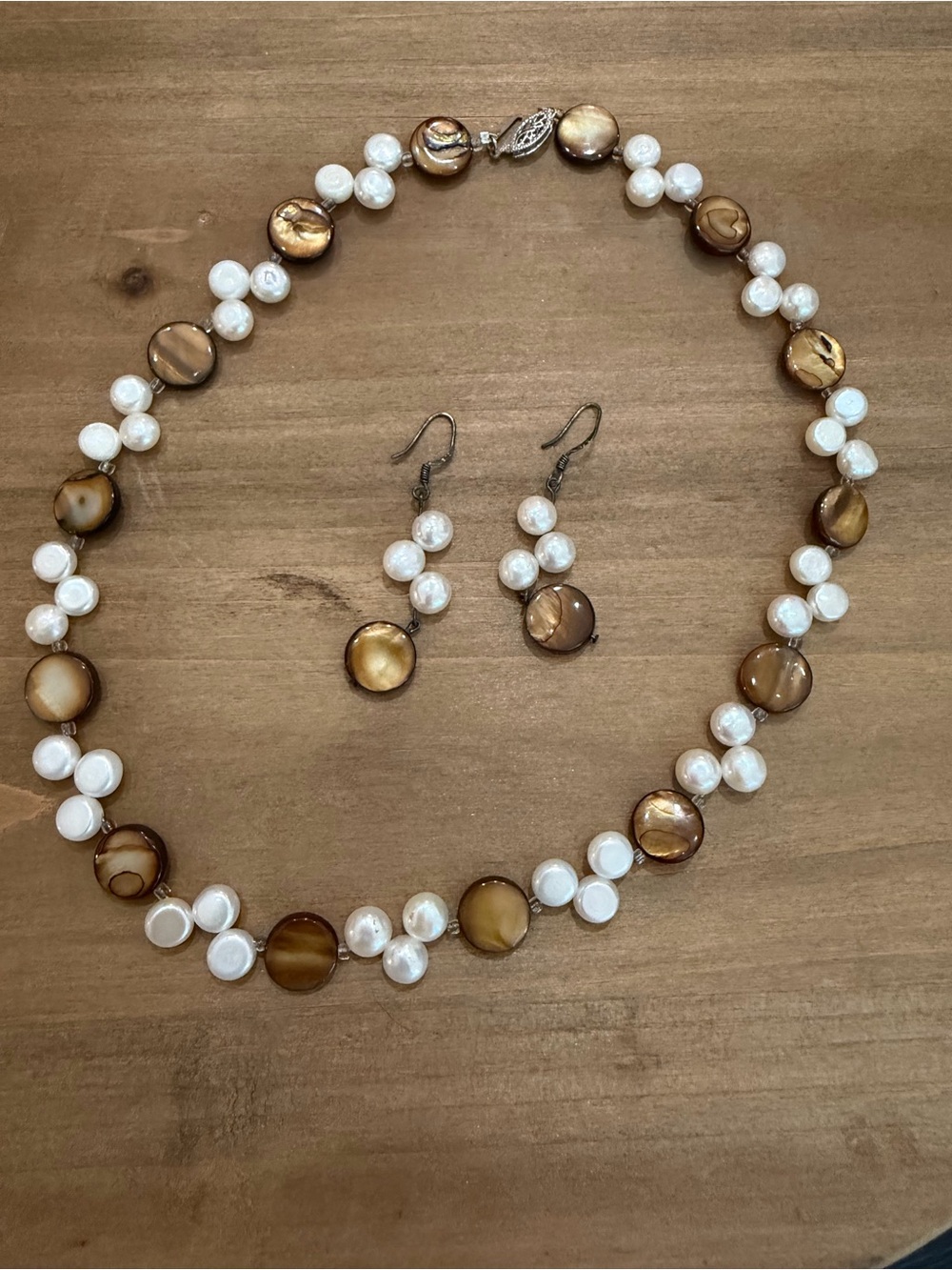 Pearl and Brown Tiger Eye Disc Necklace with Matching Earrings